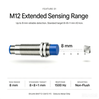 Capteur de proximité inductif GM12 M12, montage non encastré, distance de détection 8 mm, IP67, interrupteur métallique industriel