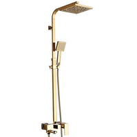 Colonne de douche murale dorée avec robinet, eau chaude et froide, pommeau de douche carré effet pluie, fonctions massage et pause, style européen, double fonction