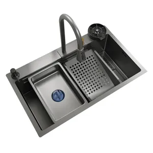 Wastafel dapur logam multifungsi, wastafel dapur modern hitam stainless steel