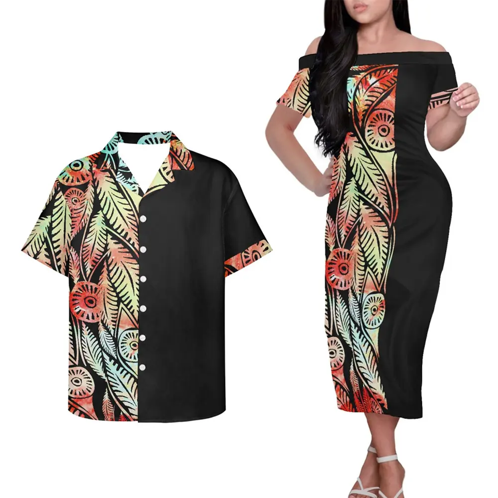 Off Ombro Mulheres Vestido Homens Aloha Camisas Personalizado Casal Conjuntos Polinésia Tribal Samoa Casal combinando roupa Roupas 2 peça Set