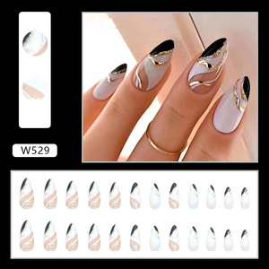 Uñas Postizas Estilo Francés con Diseño de Rayas en Negro, Blanco <span class=keywords><strong>y</strong></span> Dorado, Forma de Almendra, Pre-Diseñadas para Uso en Dedos - Product Image 2