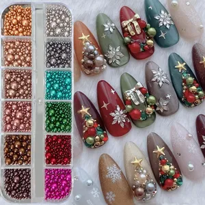 12 grilles de perles de Noël rouges/vertes en strass <span class=keywords><strong>pour</strong></span> ongles, perles de différentes tailles, perles colorées, breloques <span class=keywords><strong>pour</strong></span> nail art de Noël - Product Image 1
