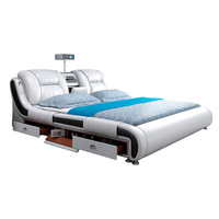 Lit intelligent en cuir rembourré avec tiroirs de rangement, design bicolore pour chambre à coucher