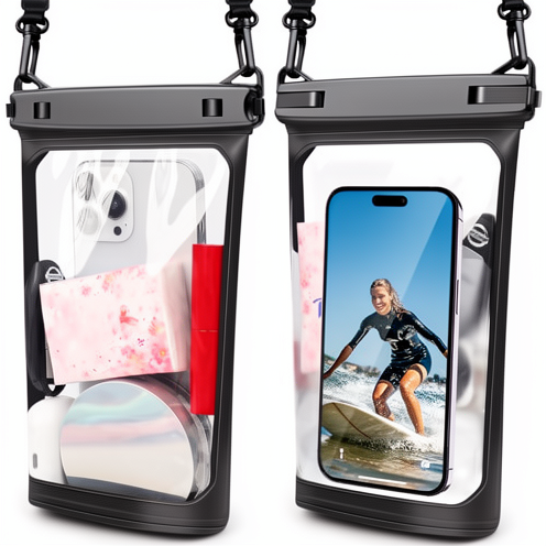 Waterproof Phone Pouch Floating Dry Bag for iPhone 17/16/15/14/13 Pro Max Galaxy S24/S23/S22 Models (Black + Black)