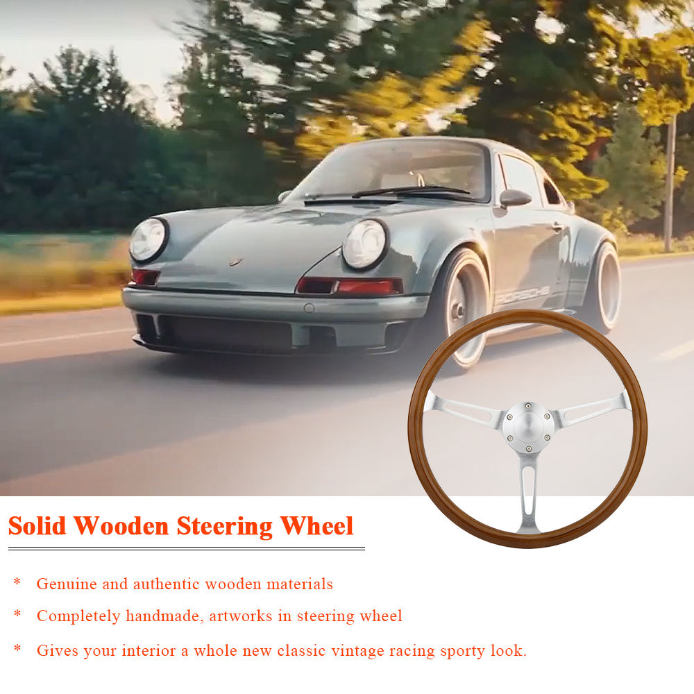 380mm Classic Grain Wooden Steering Wheel 1.75'' Depth Silver - Foto 9