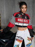 Jaket pengendara sepeda kustom model wanita, atasan kerah berdiri sambungan bercetak bordir pendek jaket wanita