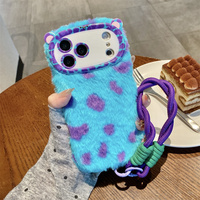 Coque de téléphone douce et moelleuse bleue et violette à pois pour iPhone 18 17 Pro Max 16 15 14 13 avec motif oreilles de monstre mignon, cadre d'appareil photo et sangle de protection