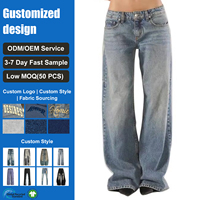Jeans vintage délavés taille basse pour femme, coupe ample et large, style baggy, denim Y2K streetwear, jambe droite