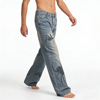 Jeans pour hommes style streetwear à imprimé toile d'araignée, coupe ample, jambe large, en denim délavé, pour usage quotidien Y2K, vente en gros OEM