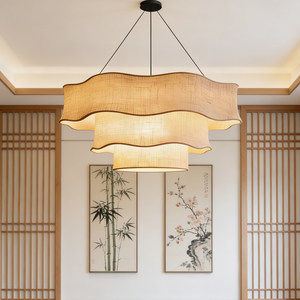 Lustre inspiré du style zen E27 à six têtes, en tissu noir rond, pour la décoration de salon et de la maison - Product Image 1