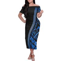 Gaun Midi Vintage gaun Bodycon bahu terbuka gaun wanita pensil merah muda gaun Pulau Pasifik pola pakaian kasual kustom