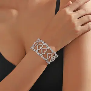 Minimalist Diamond Wide Bracelet Bridal Wedding Bracelet Crystal Rhinestone Heart Bracelet