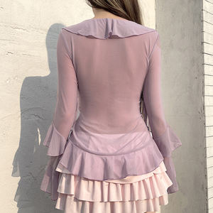 เสื้อผู้หญิงผ้าตาข่ายผูกโบว์แบบโปร่งใสคอวีแขนยาวน้ำหนักเบาเสื้อลำลองสวมใส่ในช่วงวันหยุดฤดูร้อน - Product Image 6