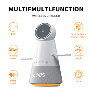 สินค้าใหม่ปี 2026 แท่นชาร์จไร้สายแบบหมุนได้ <span class=keywords><strong>5</strong></span> in 1 แม่เหล็กอเนกประสงค์ 15W พร้อมนาฬิกา ลำโพงบลูทูธ แท่นชาร์จแบบซ่อน R10 - Product Image 6