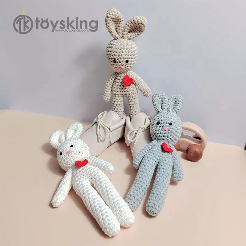 ToysKing Customized Super Soft Cute Handmade Doll Crochet Bunny Toys Amigurumi Cartoon Animals Rabbit with Red Heart Love Gifts