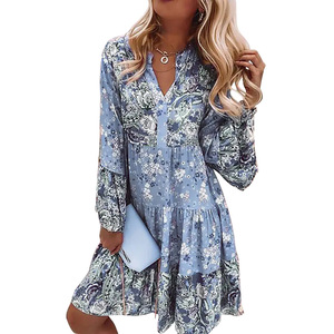 Logo Mori System <span class=keywords><strong>grande</strong></span> <span class=keywords><strong>taille</strong></span> jupe pour femmes col en V imprimé manches évasées <span class=keywords><strong>robe</strong></span> à la <span class=keywords><strong>taille</strong></span> vente en gros - Product Image 3