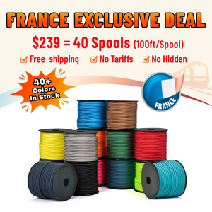 Pack ultime <span class=keywords><strong>France</strong></span> : Paracord 4mm, 40 bobines de 100 pieds, LIVRAISON GRATUITE, 100% Nylon Type III 550, disponible en 40 couleurs - Product Image 1
