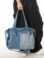 Sac fourre-tout en jean patchwork avec poche avant, ourlet effiloché, grand sac à bandoulière pour les sorties quotidiennes
