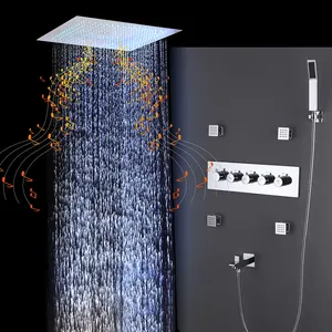 욕실 led 강우 샤워 세트 4 기능 내장 천장 레인 샤워 헤드 세트 마사지 바디 제트가있는 자동 온도 조절 전환 밸브