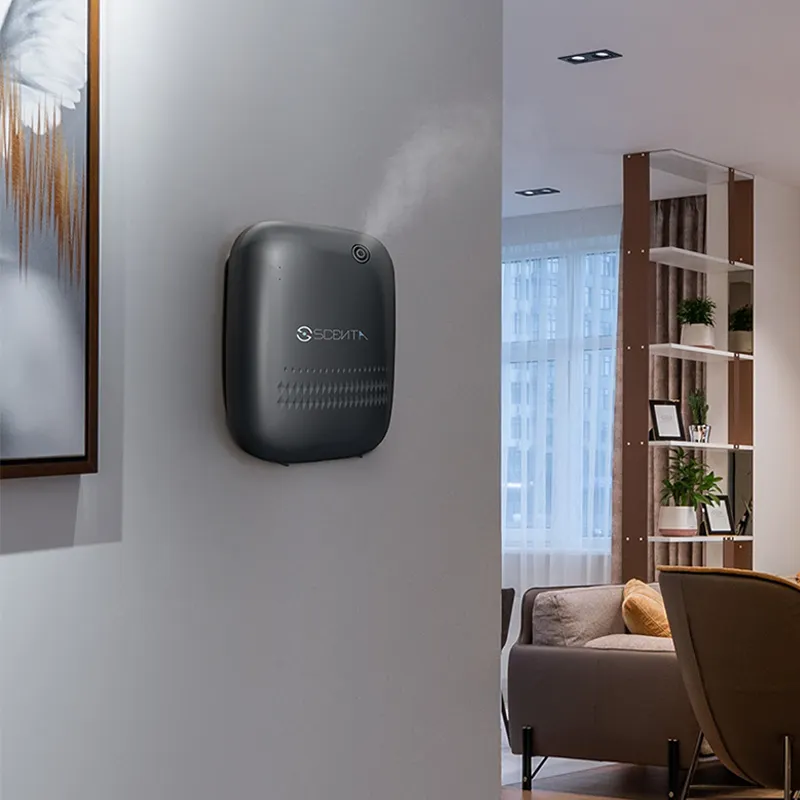 SCENTA Difusor de Aroma Bluetooth inteligente montado na parede, sem fio, óleo recarregável, spray de névoa fria com logotipo personalizado, sem água, para uso doméstico