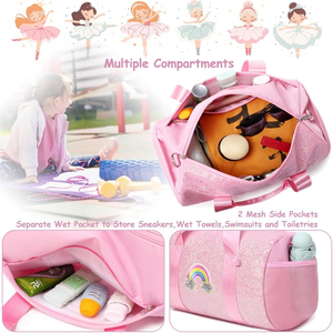 US-Lager Tanzbeutel für Mädchen, Ballettasche, glänzender Regenbogen-Glitzer-Sportbeutel für Kinder, wasserdicht, mit getrenntem Trocken- und Nassfach - Product Image 5