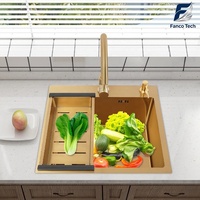 Évier de cuisine rectangulaire amovible multifonctionnel en acier inoxydable 201/304 de qualité alimentaire, finition dorée brossée anti-traces de doigts
