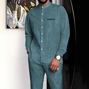 Costume décontracté pour <span class=keywords><strong>homme</strong></span> de <span class=keywords><strong>style</strong></span> rétro tie-dye, <span class=keywords><strong>chemise</strong></span> à col montant à manches longues <span class=keywords><strong>et</strong></span> <span class=keywords><strong>pantalon</strong></span> de <span class=keywords><strong>style</strong></span> ethnique, ensemble 2 pièces ODM - Product Image 2