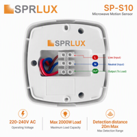Détecteur de mouvement Sprlux SP-S10 à 3 capteurs, détection à 360 degrés, marche/arrêt automatique, portée de détection de 8 m, interrupteur de plafond intérieur/extérieur