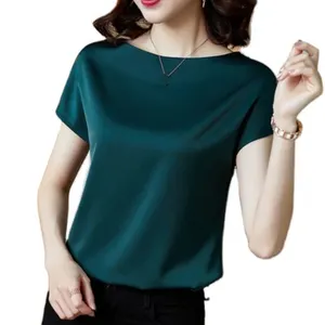 Wholesale Fashion Women Lady's Pure Color Stain Silk Plus Size O-neck Short Sleeve Tops Simple Smooth Causal T-shirt