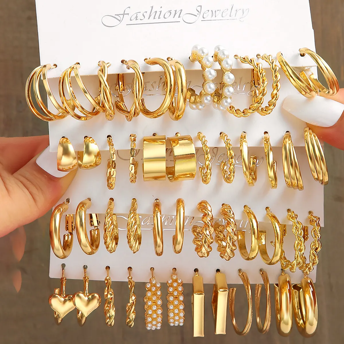 Finetoo Trendy Gold Acrylic Hoop Earrings Set Mixed Design with Pearl Rhinestone Geometric Circle Butterfly Heart Drop Earrings