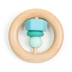 El más nuevo diseño al por mayor de silicona y madera juguete de dentición del bebé, anillo de