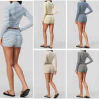 Vêtements pour femmes, ensemble rayé 2 pièces, veste à manches longues, haut court à fermeture éclair et short, tenue décontractée, ensemble assorti, tenue de yoga pour femmes