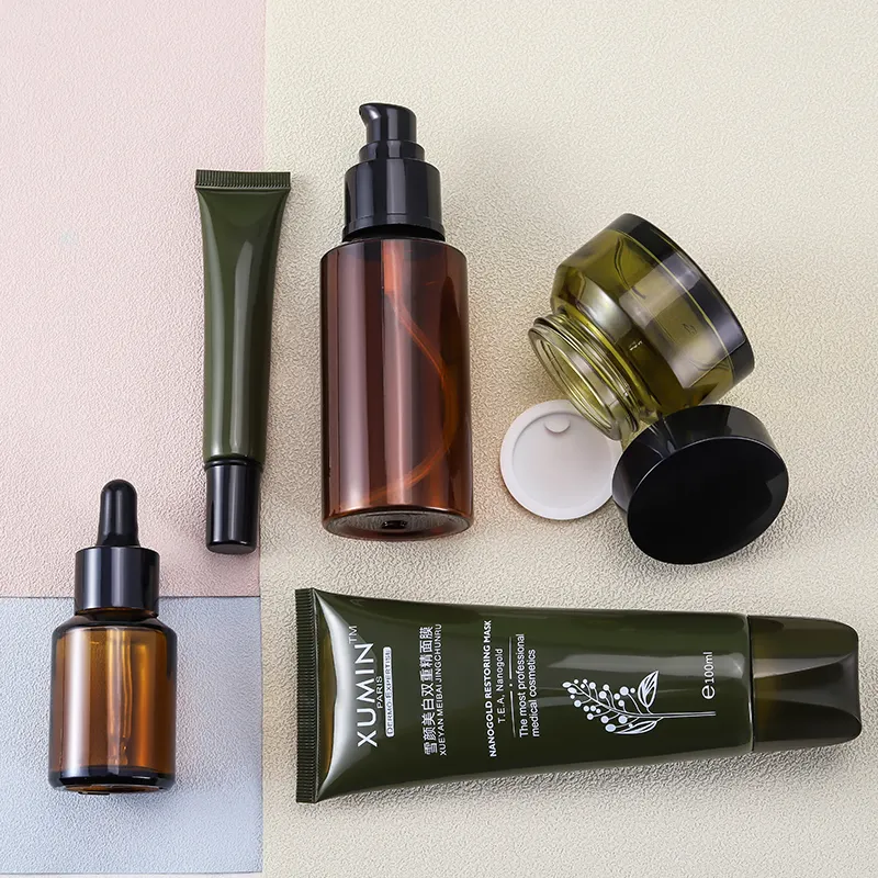 Top Quality Green Skin Care Bottle Set Include PET Lotion Bottle/Jar Cream Squee Tube Cosmetic green plastic bottle set