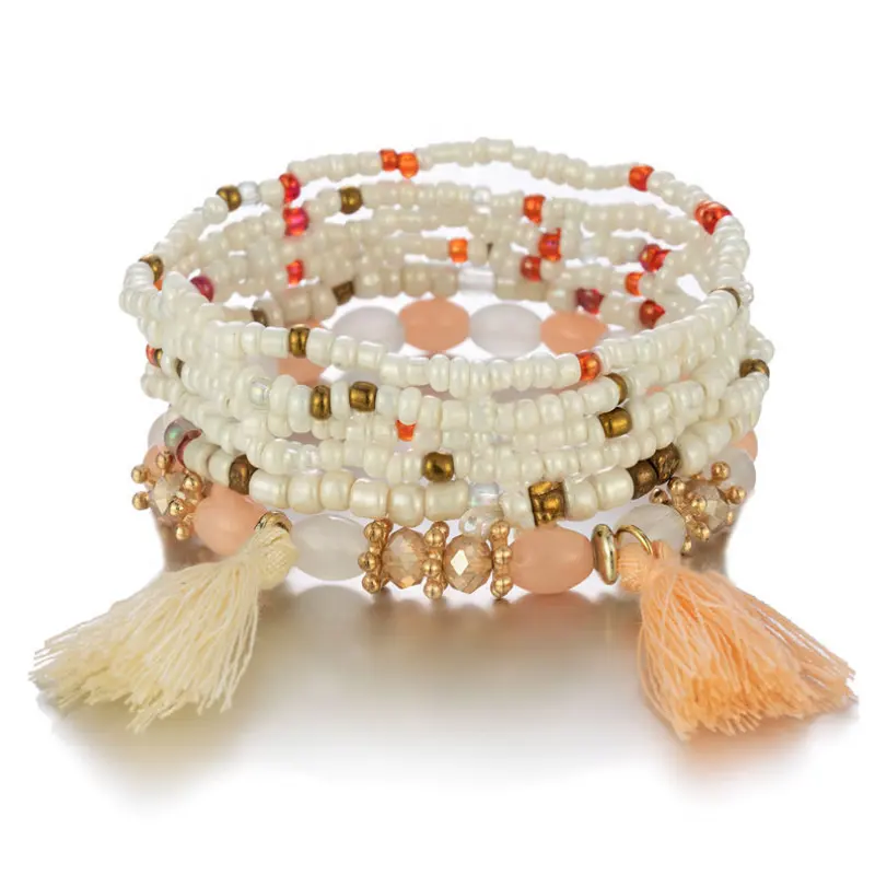 Bohemian Beaded Bracelets Women Elastic Adjustable Colorful Tassel Multi Layer Woven Beads Bracelet