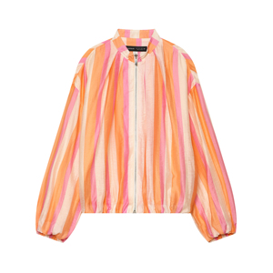 Veste décontractée surdimensionnée à manches longues à col rond et fermeture éclair à rayures de couleur orange pour femmes - Product Image 1