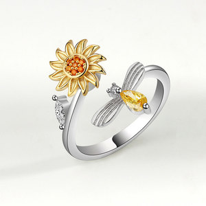 <span class=keywords><strong>Bague</strong></span> tournante réglable en argent plaqué avec zircone cubique en forme de tournesol et d'abeille pour femmes, <span class=keywords><strong>bague</strong></span> anti-anxiété, bijoux cadeau - Product Image 3