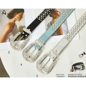 Cintura in Pelle 3.8*105CM con Fibbia a Mezzo Fiore in Strass Moda Donna - Product Image 1