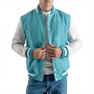 <b>Men's</b> Turquoise Varsity <b>Jacket</b> with White Sleeves Mandarin Collar Ribbed Trim Casual <b>Fleece</b> Outerwear Breathable Winter Wear - Product Image 1