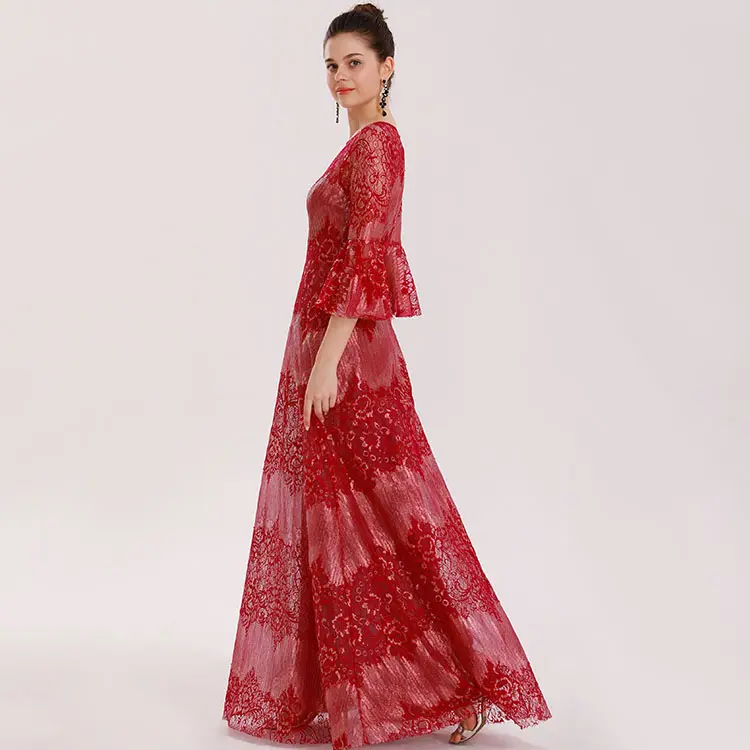 Private label red half ruffle sleeve round neck lace formal prom night red dinner gowns for women ladies evening dress long