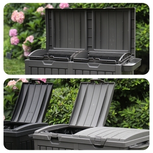 Poubelle de recyclage à double compartiment 110L/<span class=keywords><strong>220L</strong></span> avec finition imitation bois, base antidérapante, poubelle avec étiquettes de recyclage séparées - Product Image 3