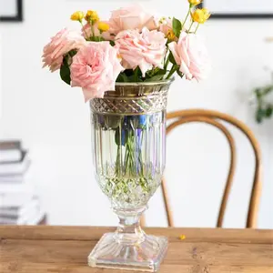 Vintage avrupa tarzı şeffaf yüksek ayak cam vazo oturma odası cam çiçek masa dekorasyon çiçek vazo