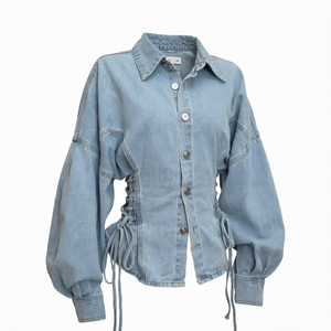 Chemise en jean pour femme à manches bouffantes et laçage latéral, coupe ample, style décontracté printemps, en coton délavé - Product Image 1
