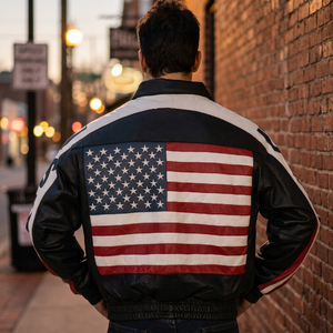 HMB-0424A <b>MEN</b> LEATHER <b>JACKET</b> USA FLAG STYLE MOTORBIKE BOMBER COAT FASHION <b>BIKER</b> <b>JACKETS</b> - Product Image 3