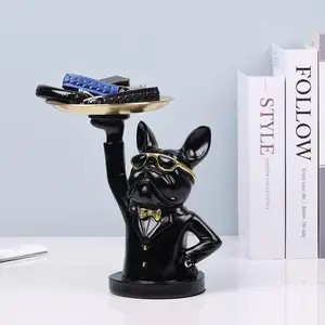 Statue de Sculpture d'animal de chien de taureau de résine populaire de Style d'Europe du nord avec le support de stockage servant le plateau décoration de Table de maison
