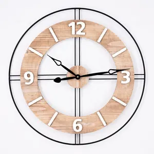 Grande orologio da parete minimalista personalizzato rustico all'ingrosso decorazione della casa moderna fattoria Loft metallo e legno di abete Dia orologio da parete
