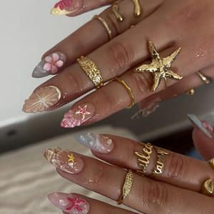 24 pièces – <span class=keywords><strong>Ongles</strong></span> à presser auto-adhésifs faits main, style français floral, avec strass, les plus vendus en usine - Product Image 3