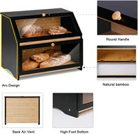 Boîte à pain en bambou sur mesure, grande capacité, double couche, noire, pour comptoir de cuisine