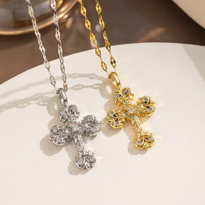 สร้อยคอคริสตัลรูปกางเขนสแตนเลสสตีลสไตล์ฮิปฮอปสุดเทรนด์สำหรับผู้หญิงและผู้ชาย ขายส่ง - Product Image 1