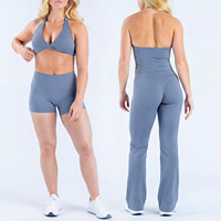 Ensemble 2 pièces de sport pour femme : Soutien-gorge de sport halter torsadé et short cycliste taille haute ou pantalon évasé en Spandex/Nylon