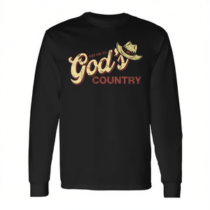 T-shirt a maniche lunghe Get Me To God's Country con design vintage a tema country e meme - Product Image 2